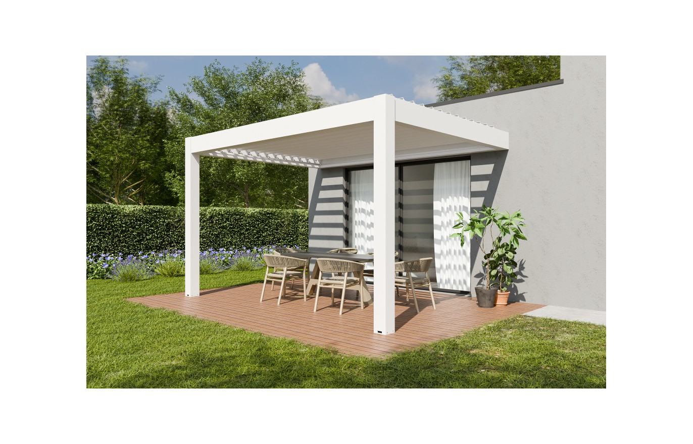 Pergola CASSY bioclimatique motorisée 2 poteaux lames parallèles au mur